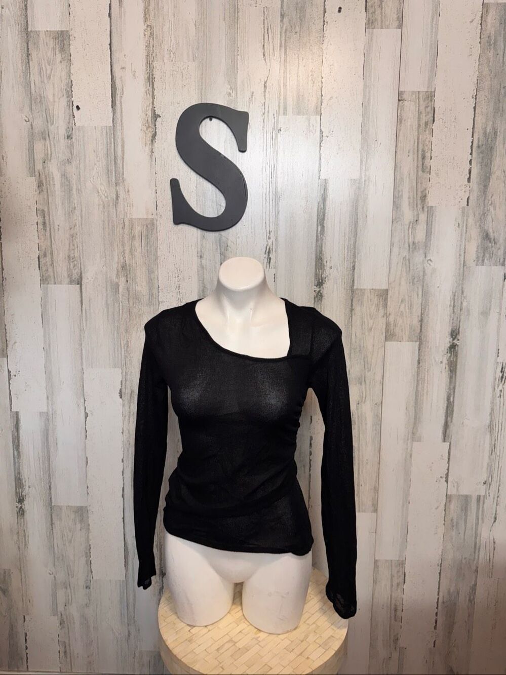 ZARA Asymmetric Cutout Ruched Long Sleeve Top Womens S Black Shimmer Sheer